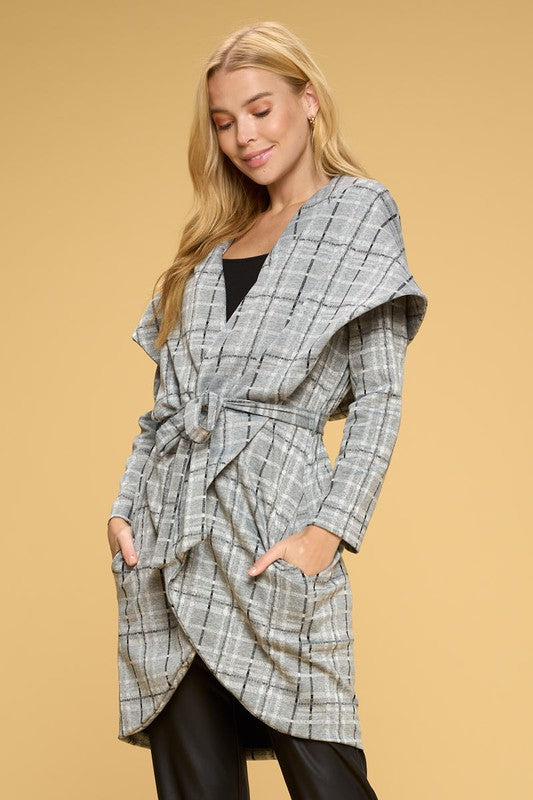 Plaid Open Front Cardigan with Tie